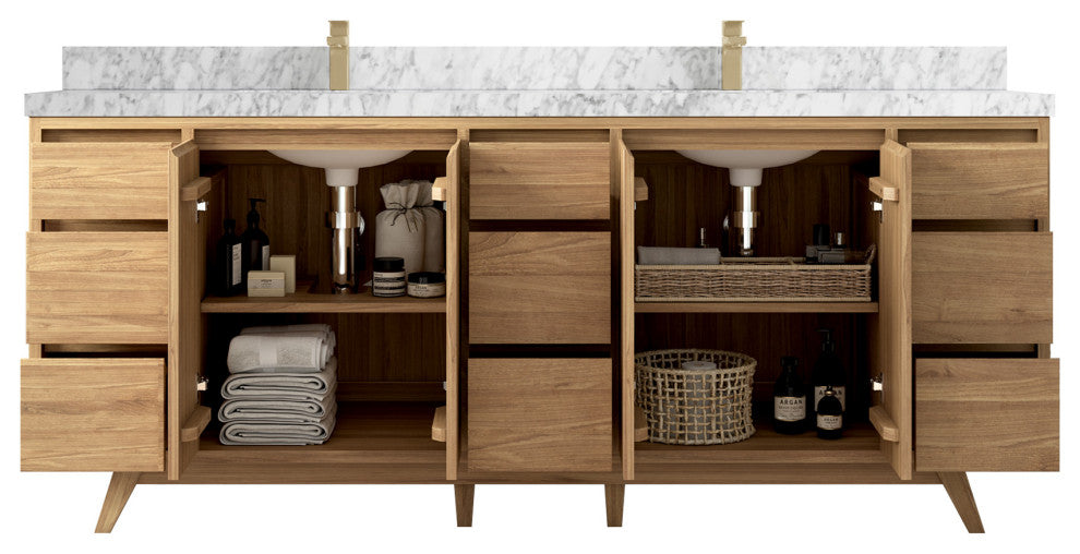 Madison Teak 84 Double Sink Bath Vanity in Light Natural 2" Carrara Marble