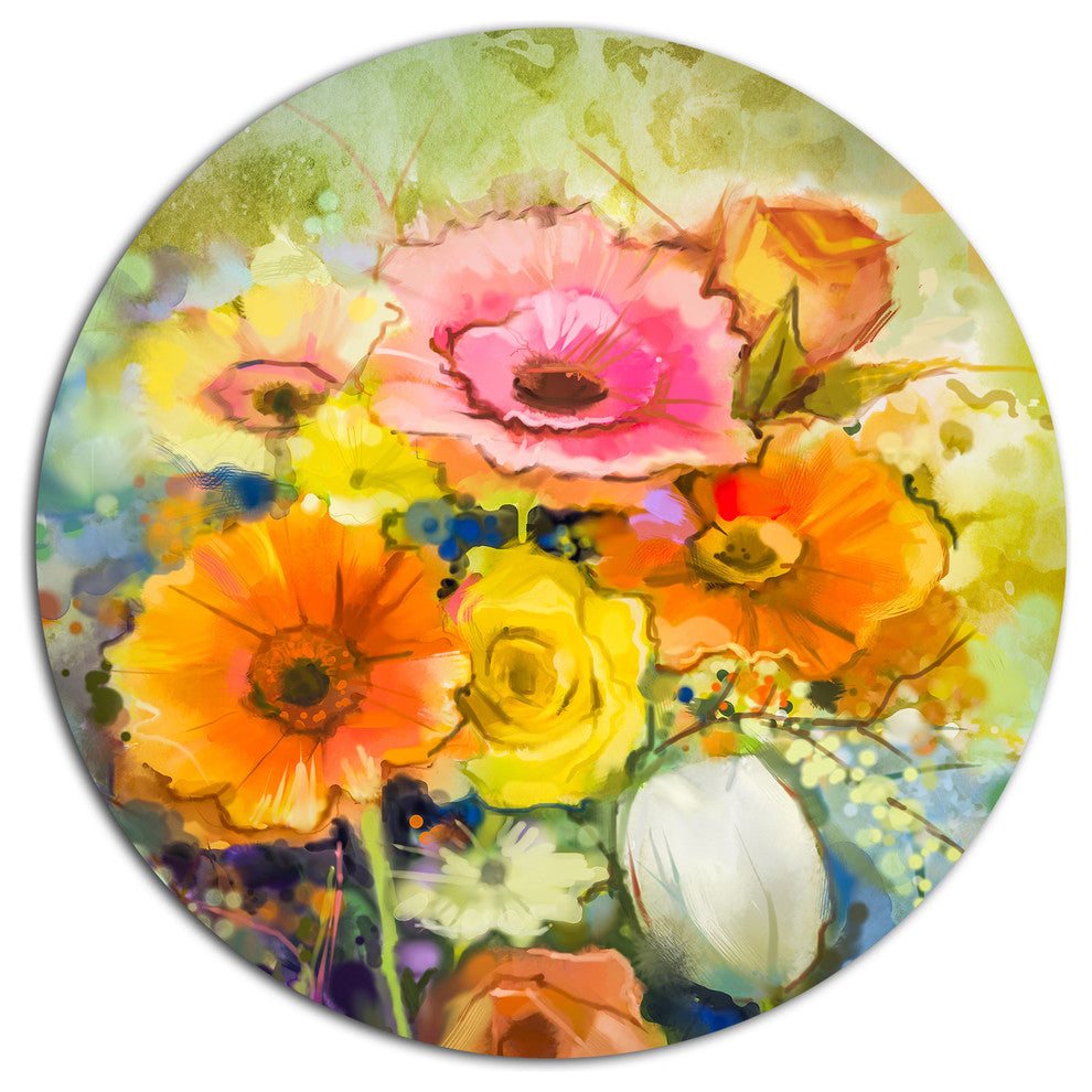 White Gerbera Red Rose And Tulips, Flower Large Disc Metal Artwork, 23"