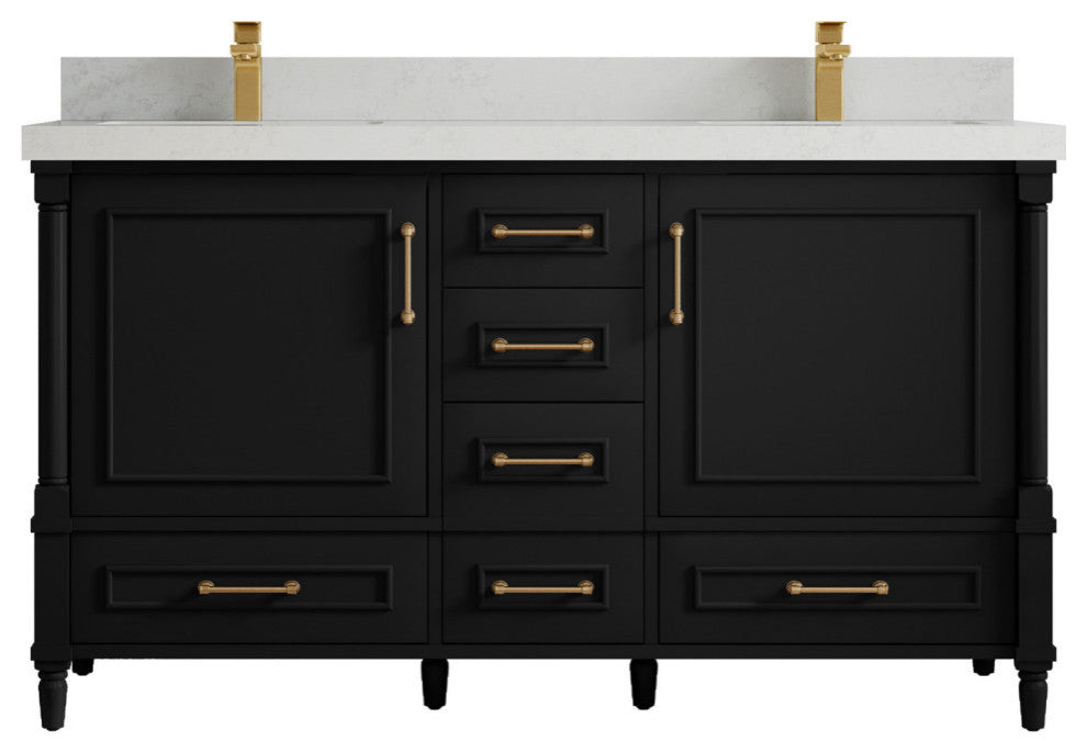Aberdeen 60 Double Bathroom Vanity in Black 2" Carrara Quartz