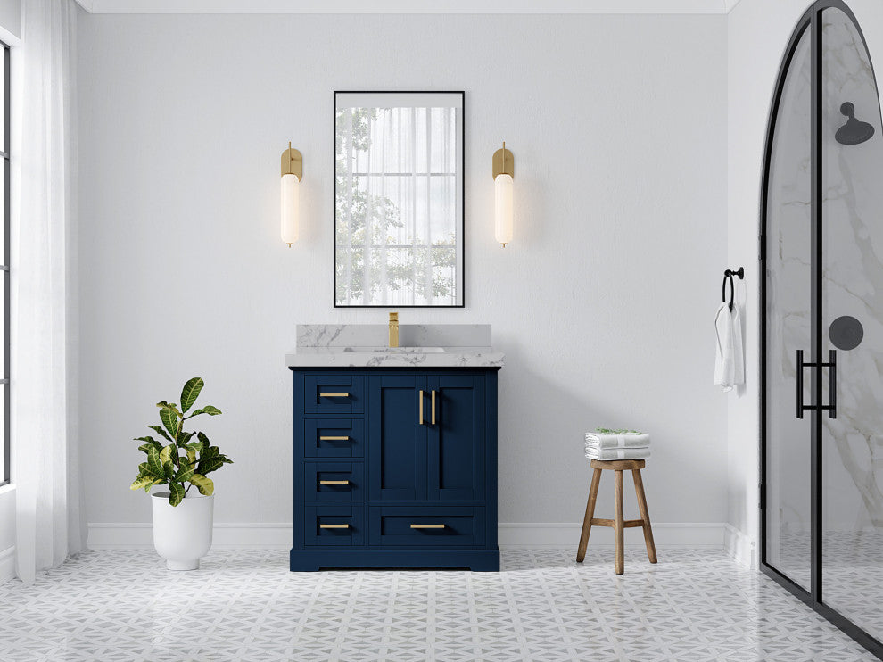 Boston 36 Center Sink Bath Vanity in Navy Blue 2" Venatino Quartz