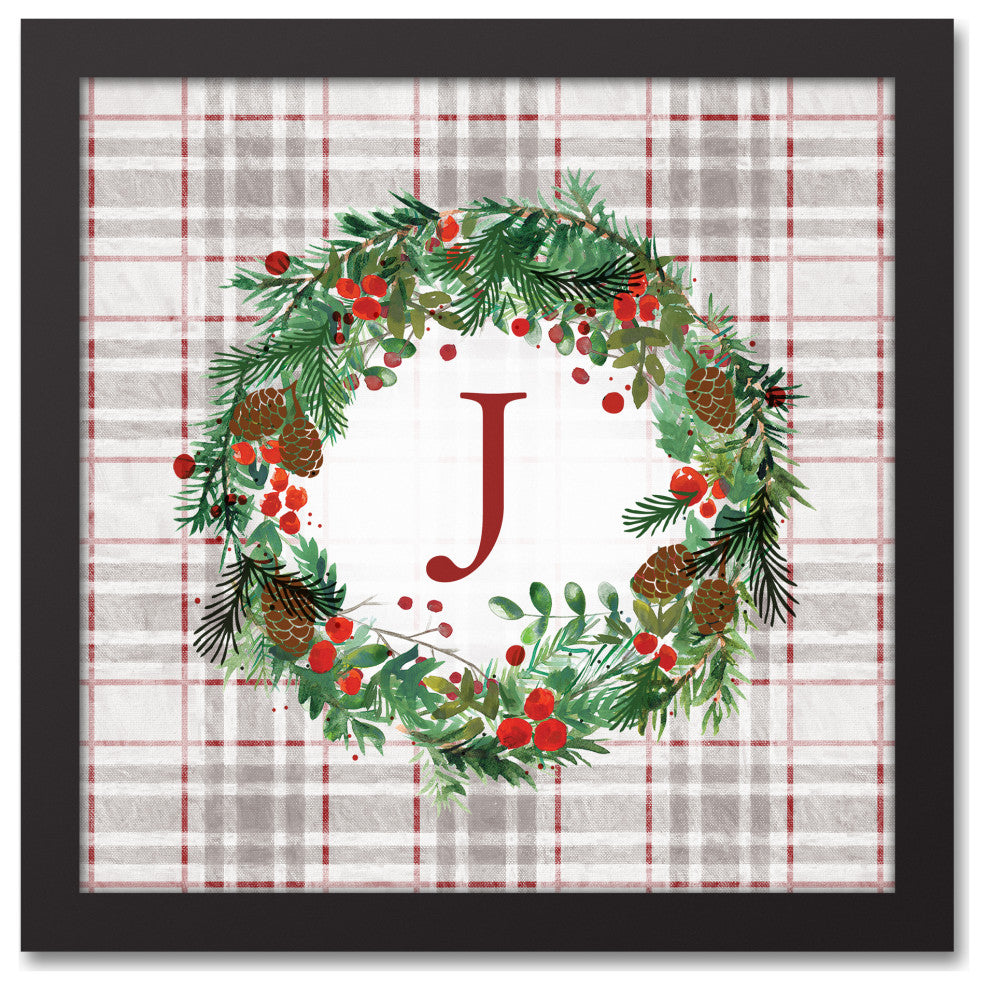 Holiday Gray Plaid Monogram Wreath J 12x12 Black Framed Canvas