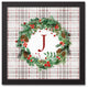 Holiday Gray Plaid Monogram Wreath J 12x12 Black Framed Canvas