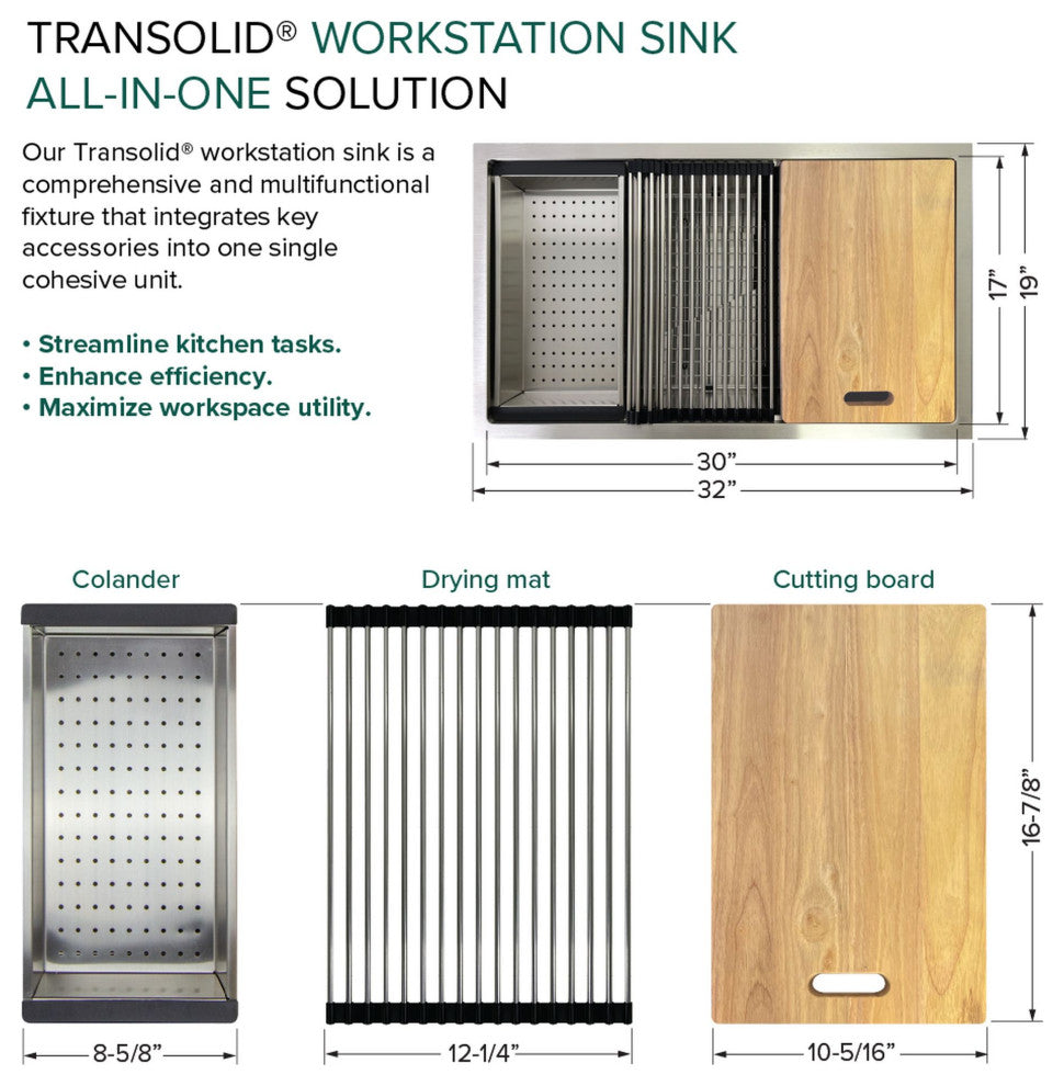 Transolid 32x19x10" Undermount Stainless Steel Workstation Sink