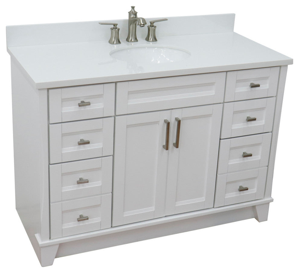 49" Single Sink Vanity, White Finish With Engineered Stone Top And Oval Sink