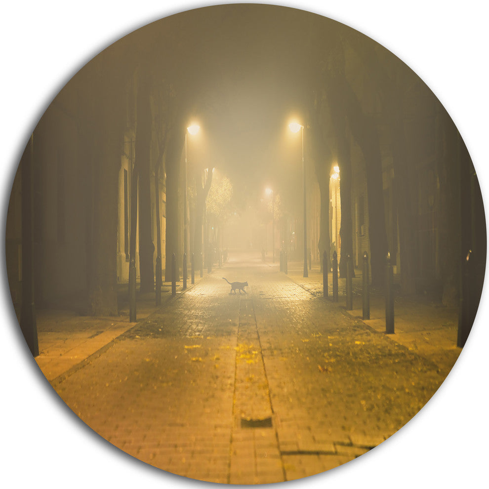 Urban Street At Night, Landscape Photo Disc Metal Artwork, 11"