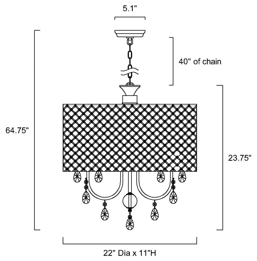 5-Light Chrome Round Beaded Drum Chandelier With Hanging Crystals