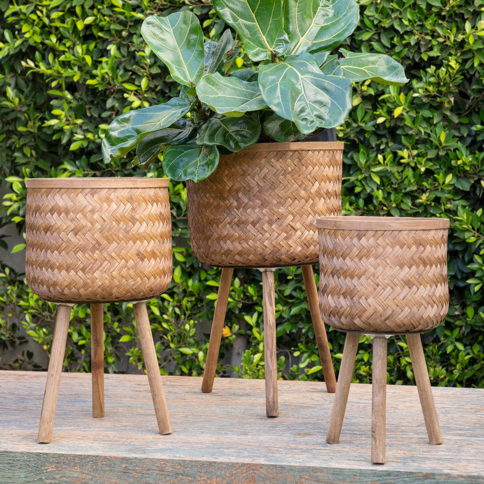 3-Piece Set Bamboo Planters Brown