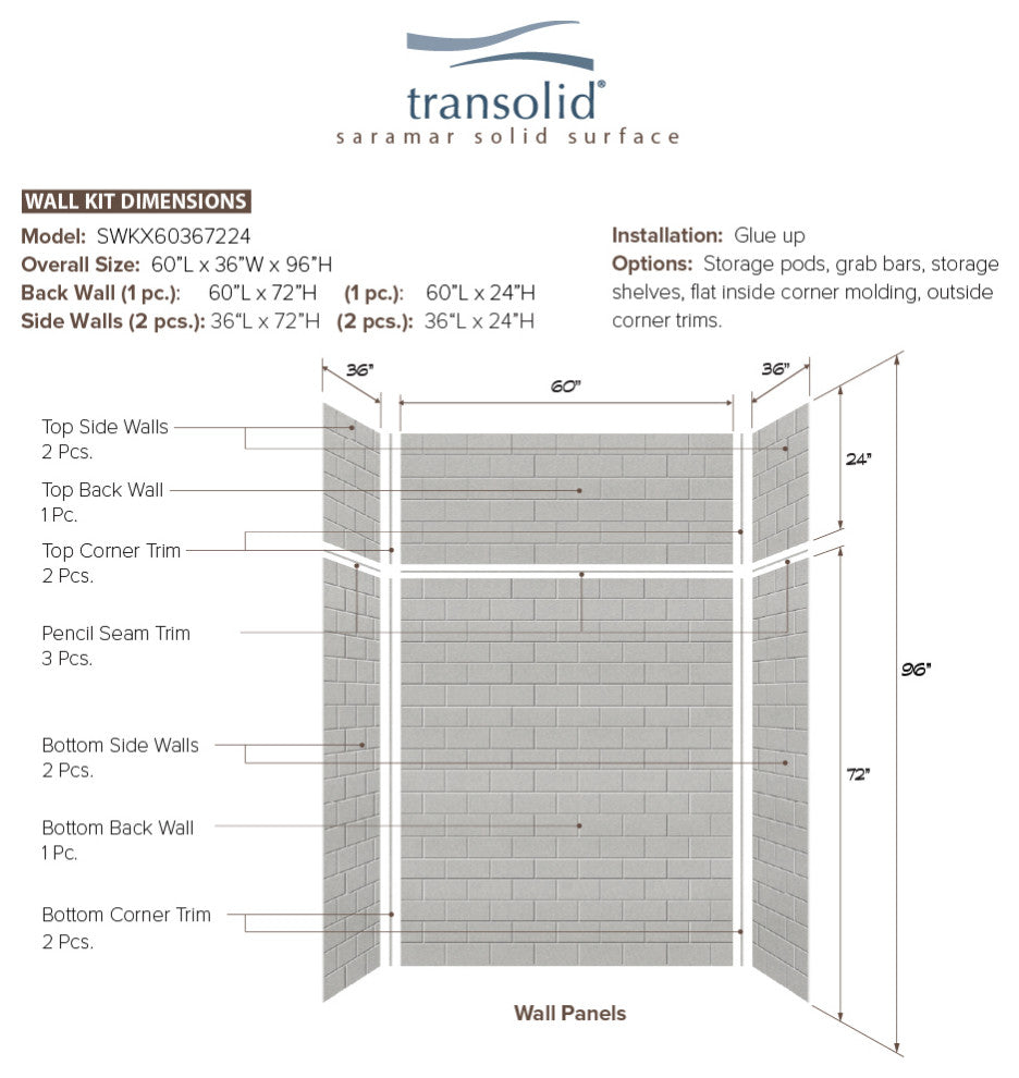 Transolid SaraMar 60"x36"x96" 6-Piece Shower Wall Kit with Extension, Grey Beach
