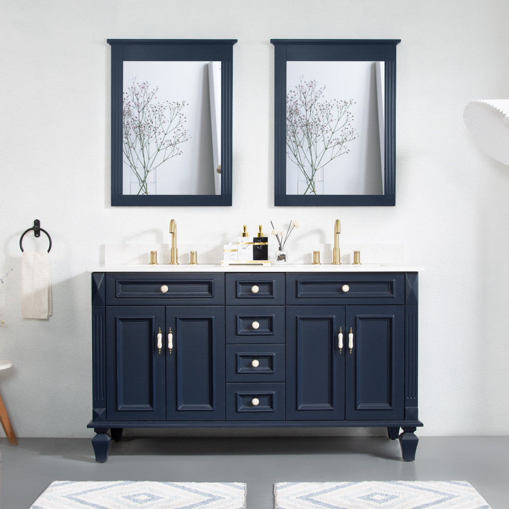 60 In Bathroom Vanity Set with 2Pcs 26 Inch Mirrors, Quartz Top, cUPC Certified, Navy Blue