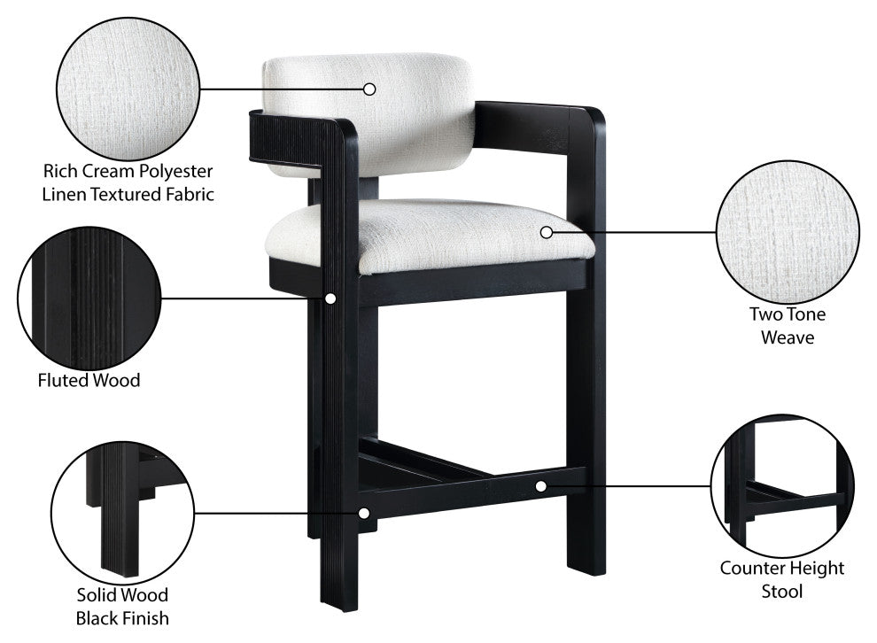 Sacha Upholstered Bar and Counter Stool, Cream, Linen Textured Fabric, Black