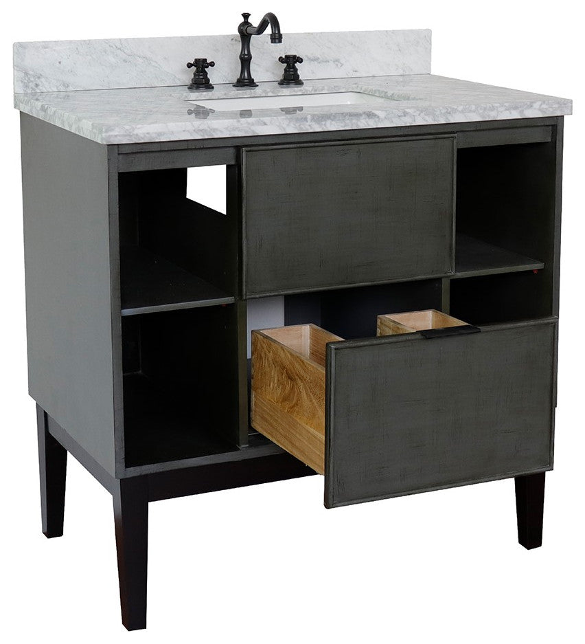37" Single Vanity, Linen Gray Finish With White Carrara Top And Rectangle Sink