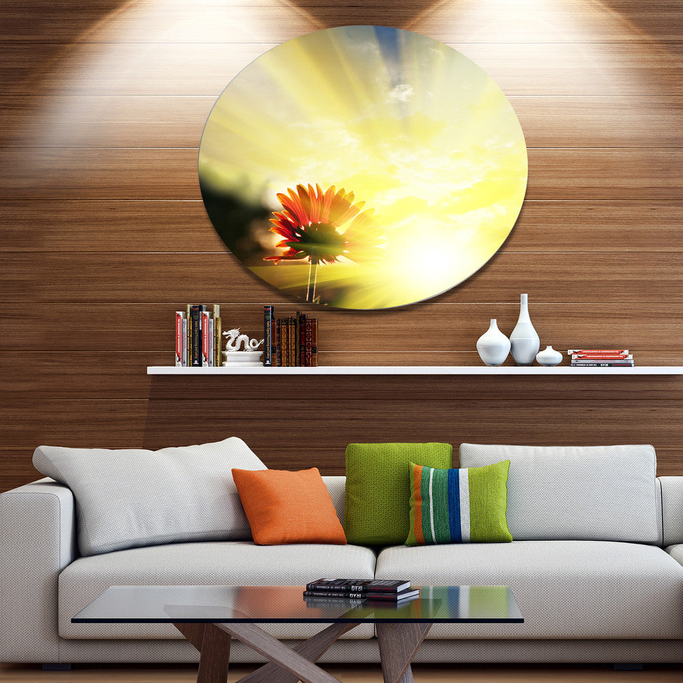 Flower Against Bright Yellow Sunset, Flower Disc Metal Artwork, 36"