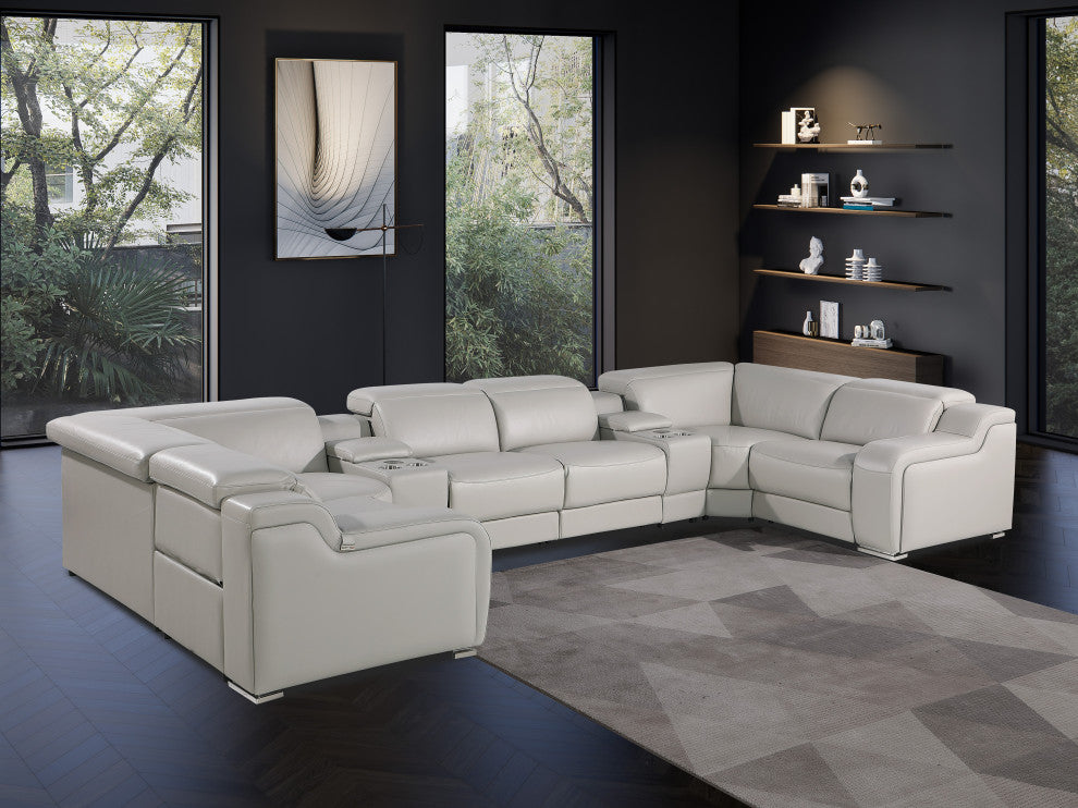 Marco-8-Piece 2-Power Reclining Italian Leather Sectional, Light Gray