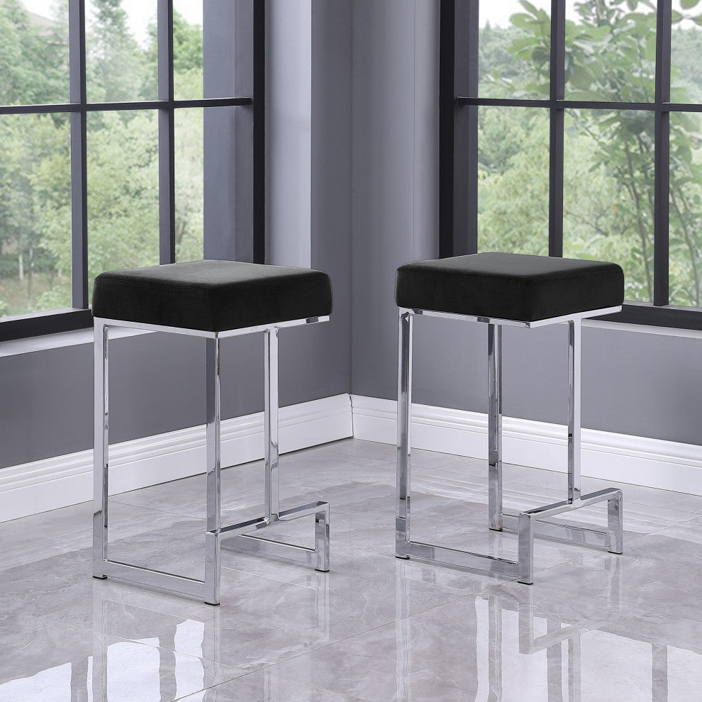 Jakob Backless 25" Counter Height Stool, Stainless Steel, Set of 2, Velvet Black