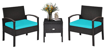 Costway 3PCS Patio Rattan Furniture Set Storage Table Cushioned Sofa Turquoise