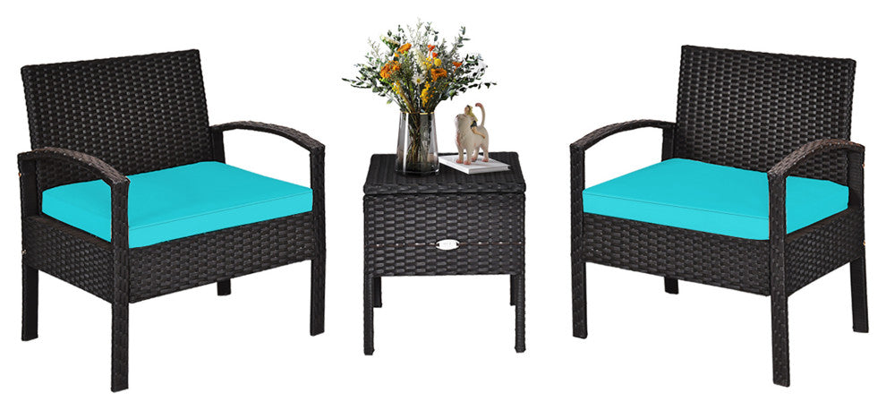 Costway 3PCS Patio Rattan Furniture Set Storage Table Cushioned Sofa Turquoise