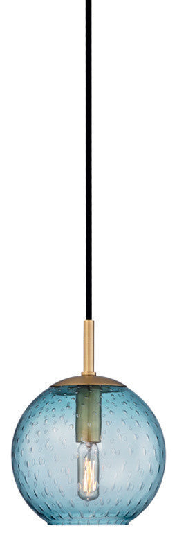 Rousseau, 1 Light, Small Pendant, Aged Brass Finish, Blue Glass