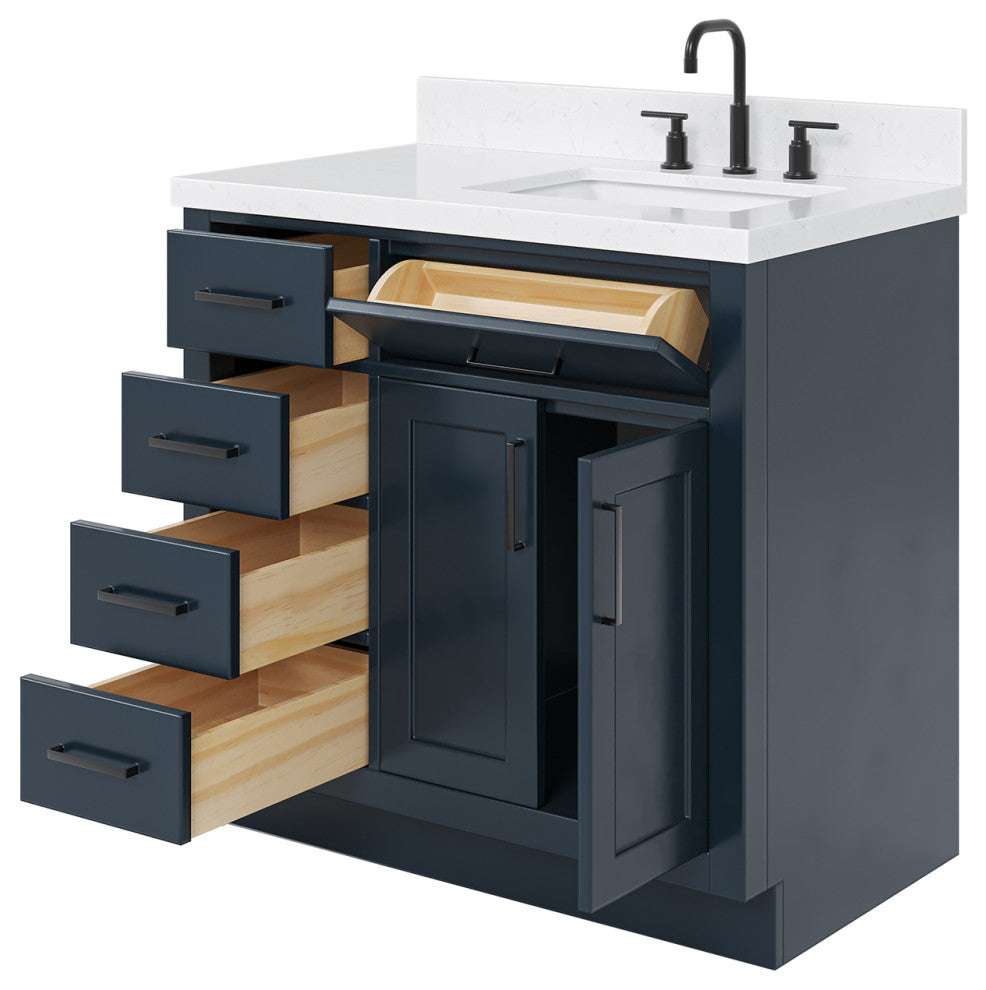 Ariel Hepburn 36" Right Offset Single Rectangle Sink Vanity, Carrara Quartz
