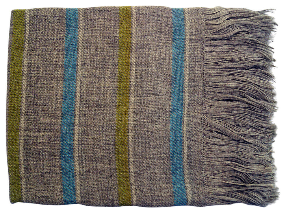 Wool Throw Blanket, Blue and Lime Stripes