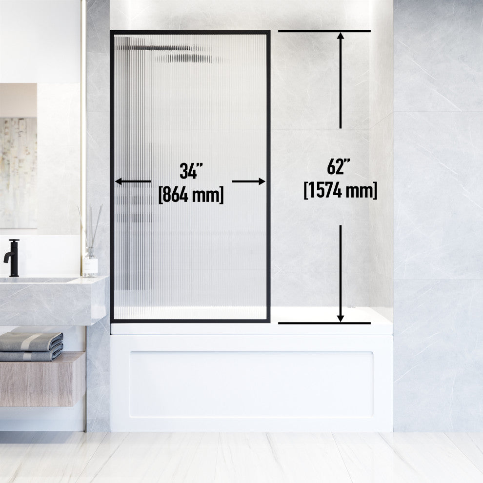 VIGO Meridian Framed Fixed, Matte Black, Tub Screen, 34" W X 62" H, Fluted Glass