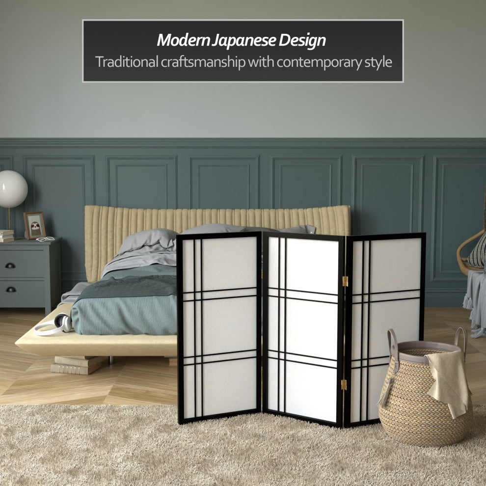 3' Tall Double Cross Shoji Screen, Black, 3 Panels