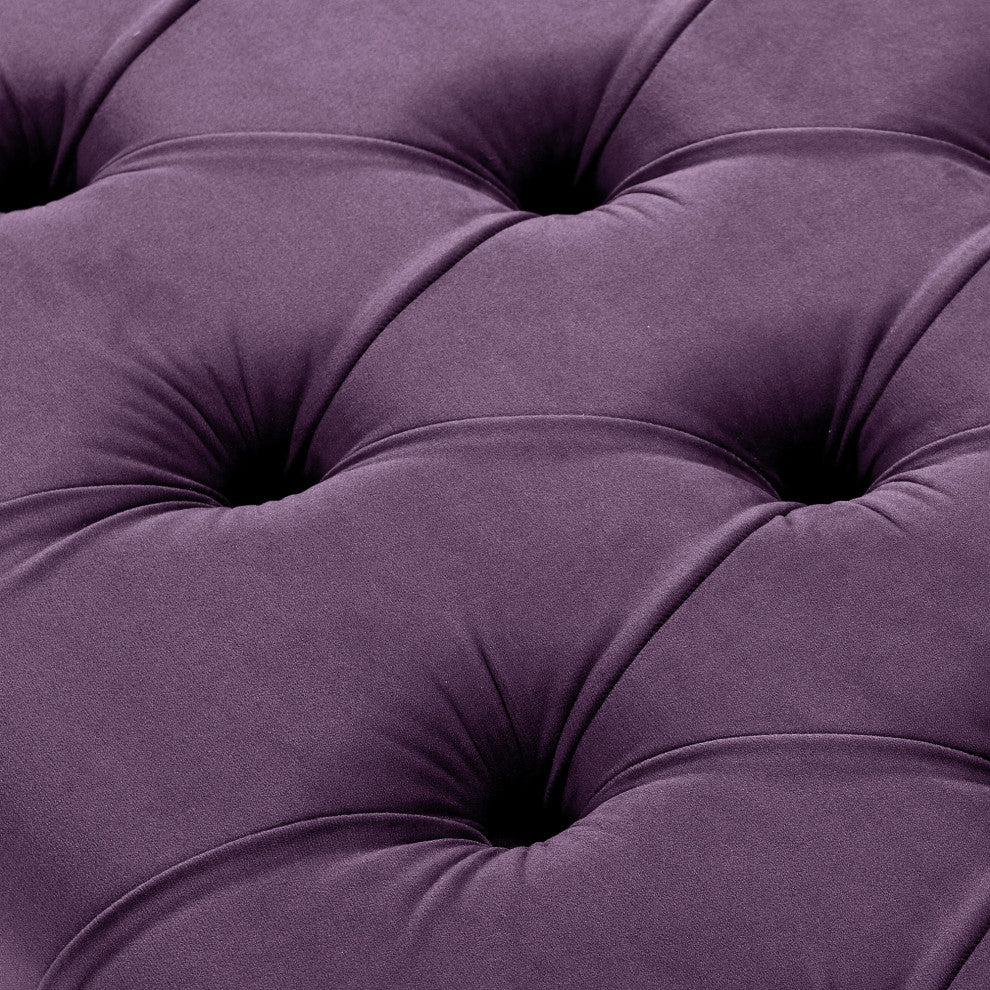 Diana Velvet Button Tufted Silver Nailhead Trim X-Leg Bench, Plum