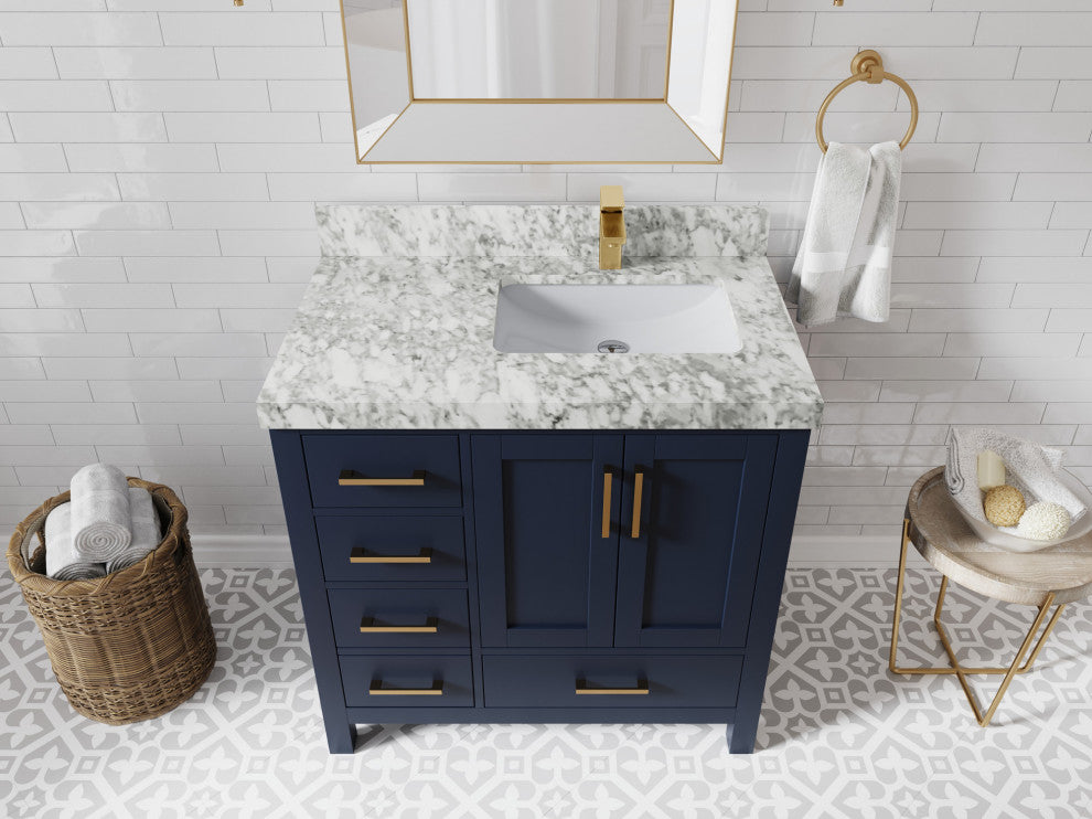 Malibu 36 Right Offset Bath Vanity in Navy Blue 2" Carrara Marble