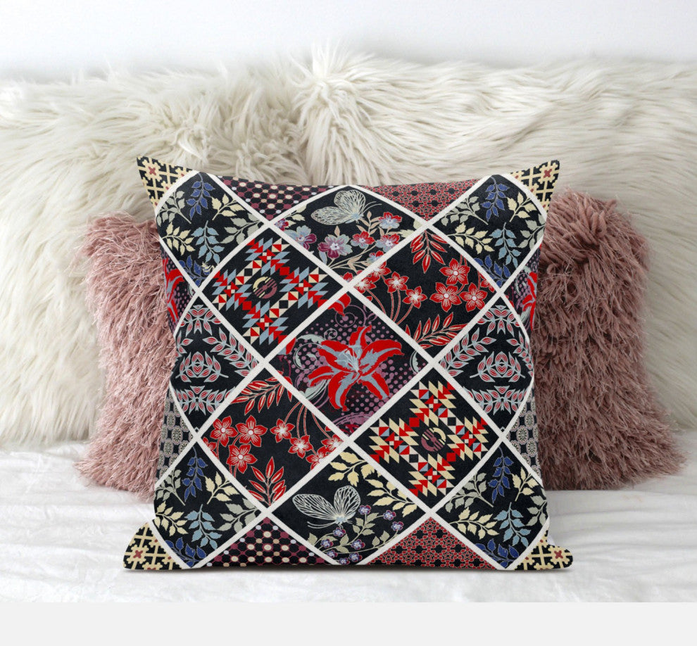 16 Black Red Patch Suede Zippered Throw Pillow