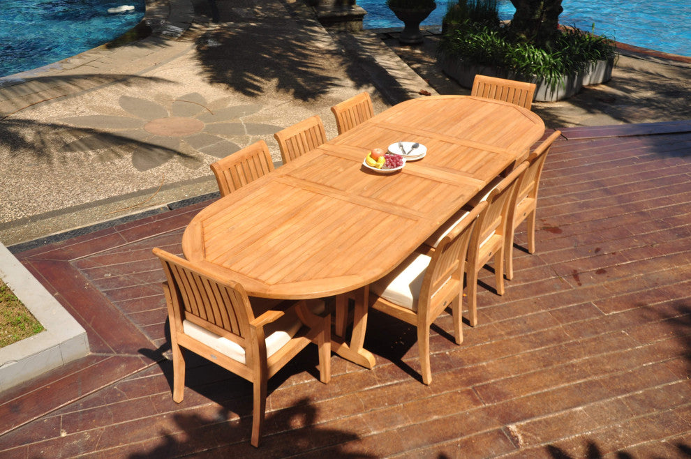 9-Piece Outdoor Patio Teak Dining Set: 117" Masc Oval Extn Table, 8 Lagos Chairs