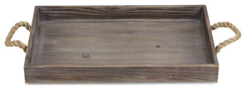 Dark Brown Wooden Tray With Rope Handles