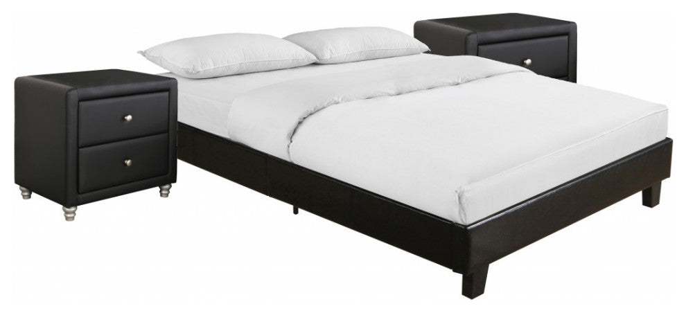 Black Platform Queen Bed With Two Nightstands