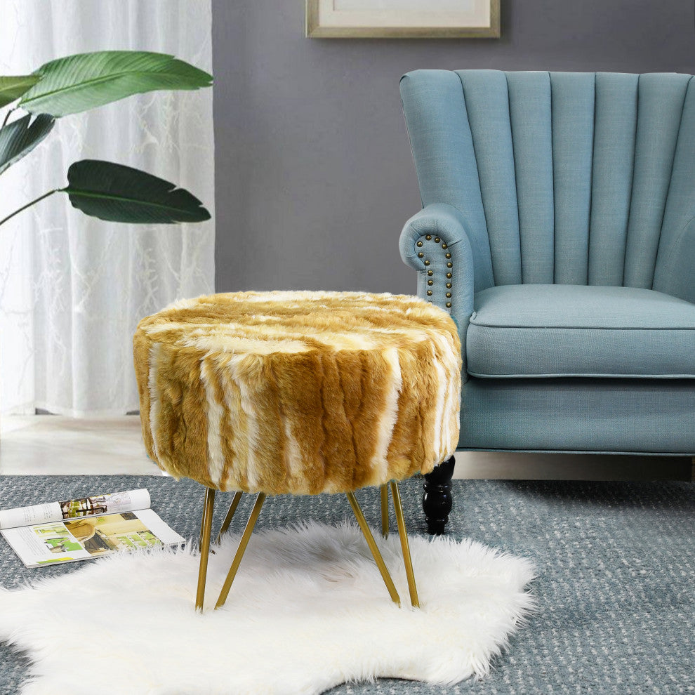 Fauxfur Ottoman Round Fuzzy Entryway Bench, Gold, 18"x18"x18"