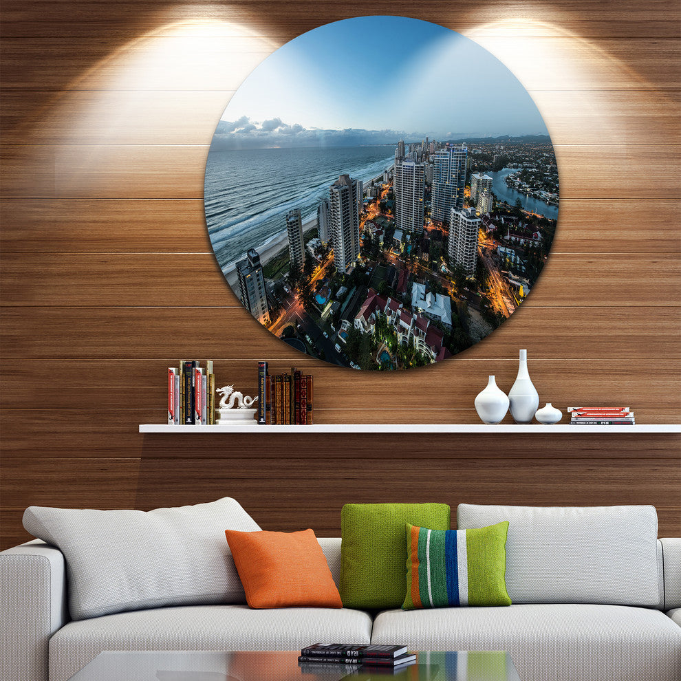 Brisbane Skyscrapers And Sea Aerial View, Disc Metal Wall Art, 23"