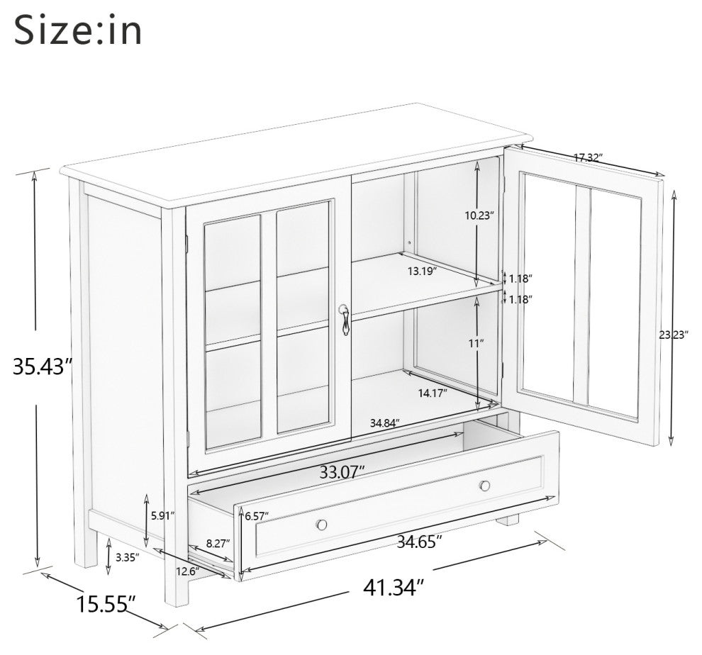 Wood Double Glass Door Accent Cabinet with Drawer