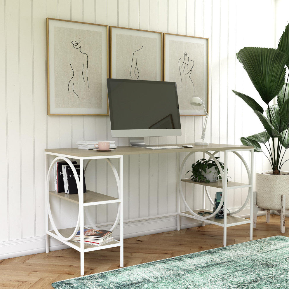 Unique Desk, Double Pedestal Base With Circle Accents & Shelves, Woodgrain/White