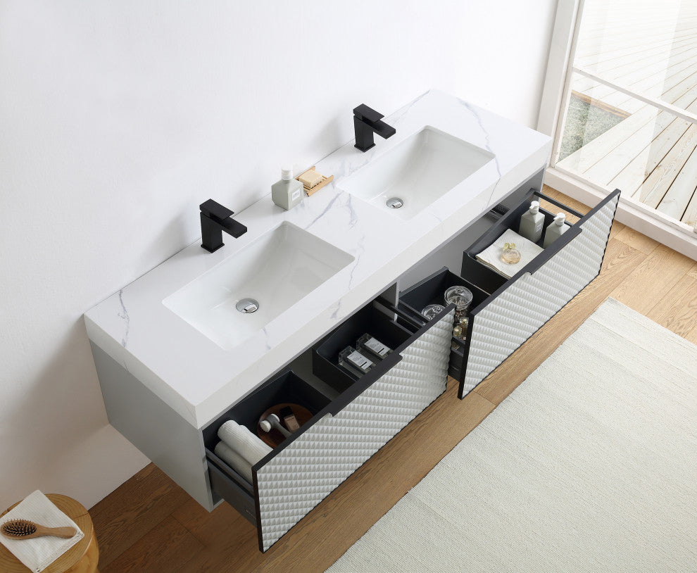 Manarola with Thick Quartz Wall Mount Vanity, Silver Gray, 72"
