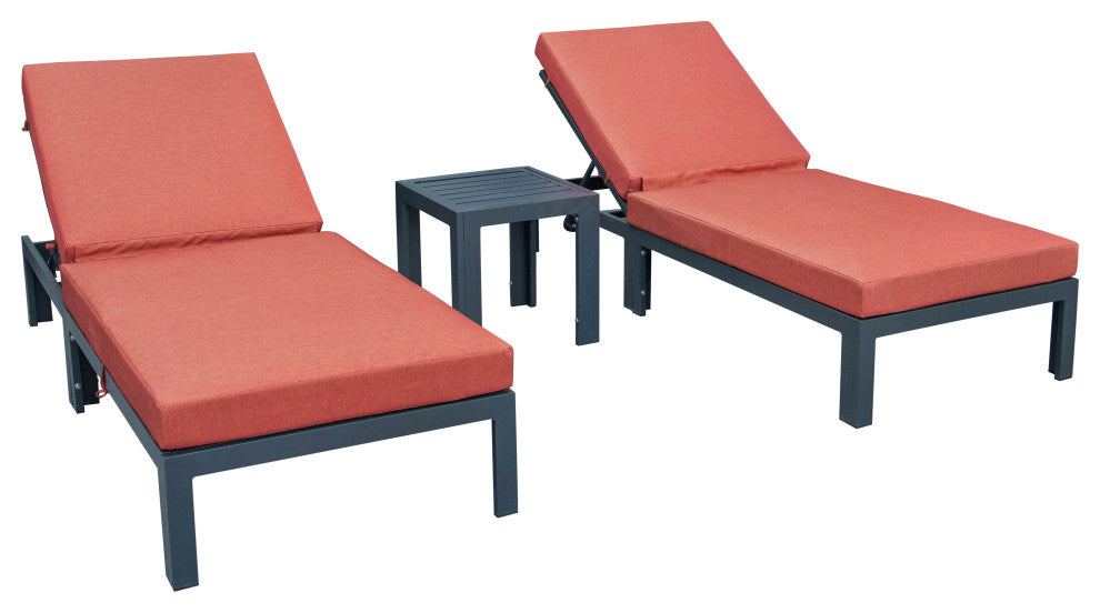 LeisureMod 3-Piece Chelsea Chaise Lounge Chair Set With Side Table, Orange