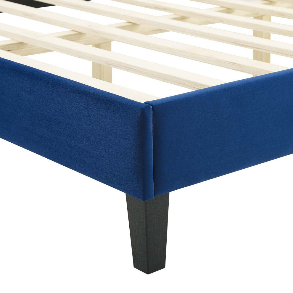 Platform Bed Frame, Queen Size, Velvet, Blue Navy, Modern Contemporary, Bedroom