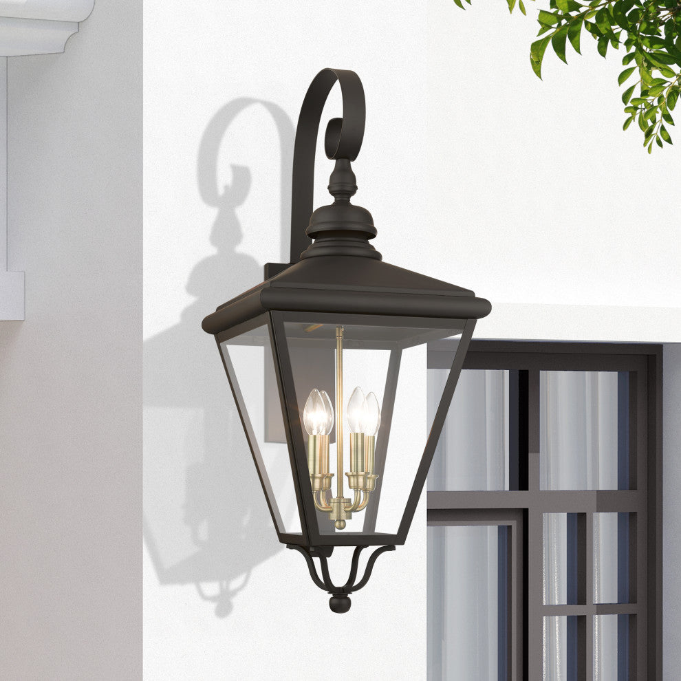 4 Light Bronze Outdoor Extra Large Wall Lantern, Antique Brass