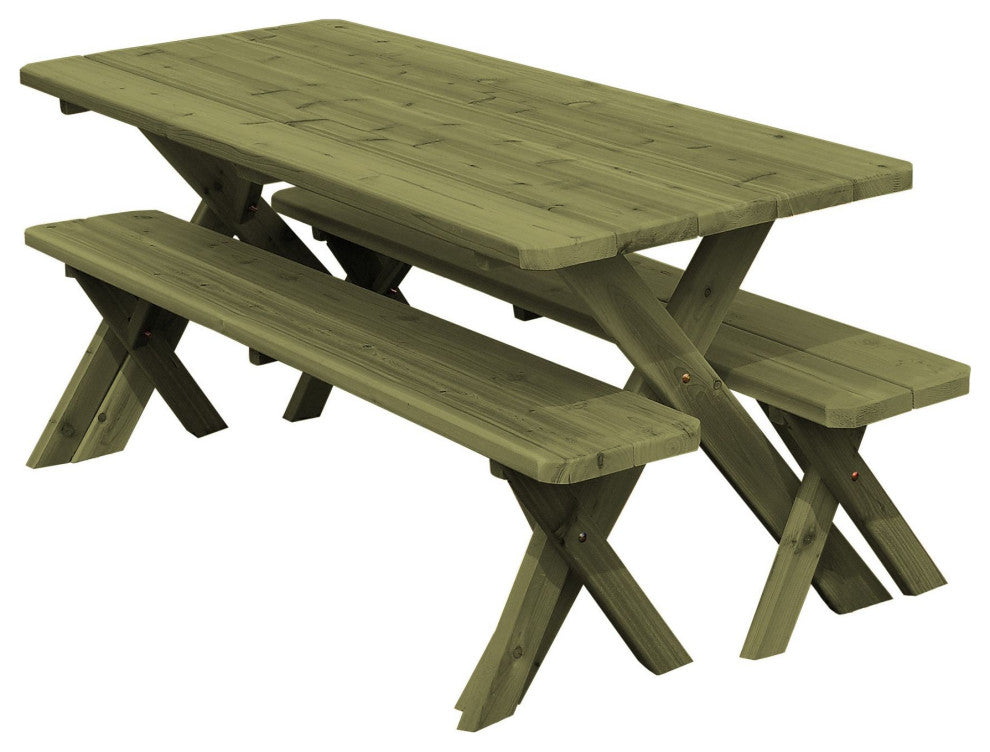 Cedar Cross-Leg Table with 2 Benches, Linden Leaf Stain, 8 Foot