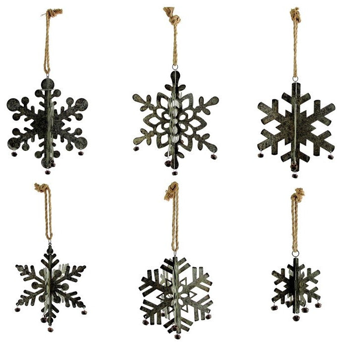 Hanging Galvanized Folding Snowflakes With Bells, Set of 6
