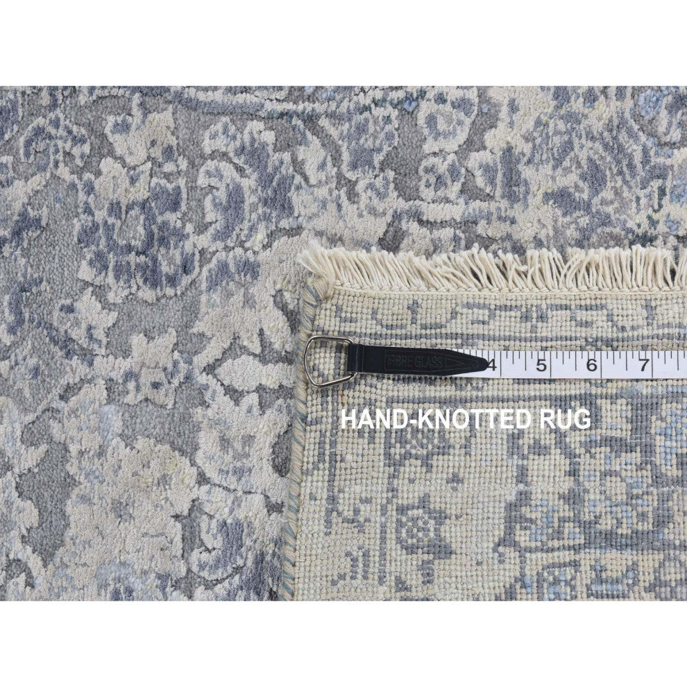 Battleship Gray Broken and Erased Pure Silk Hand Knotted Runner Rug 2'5"x10'