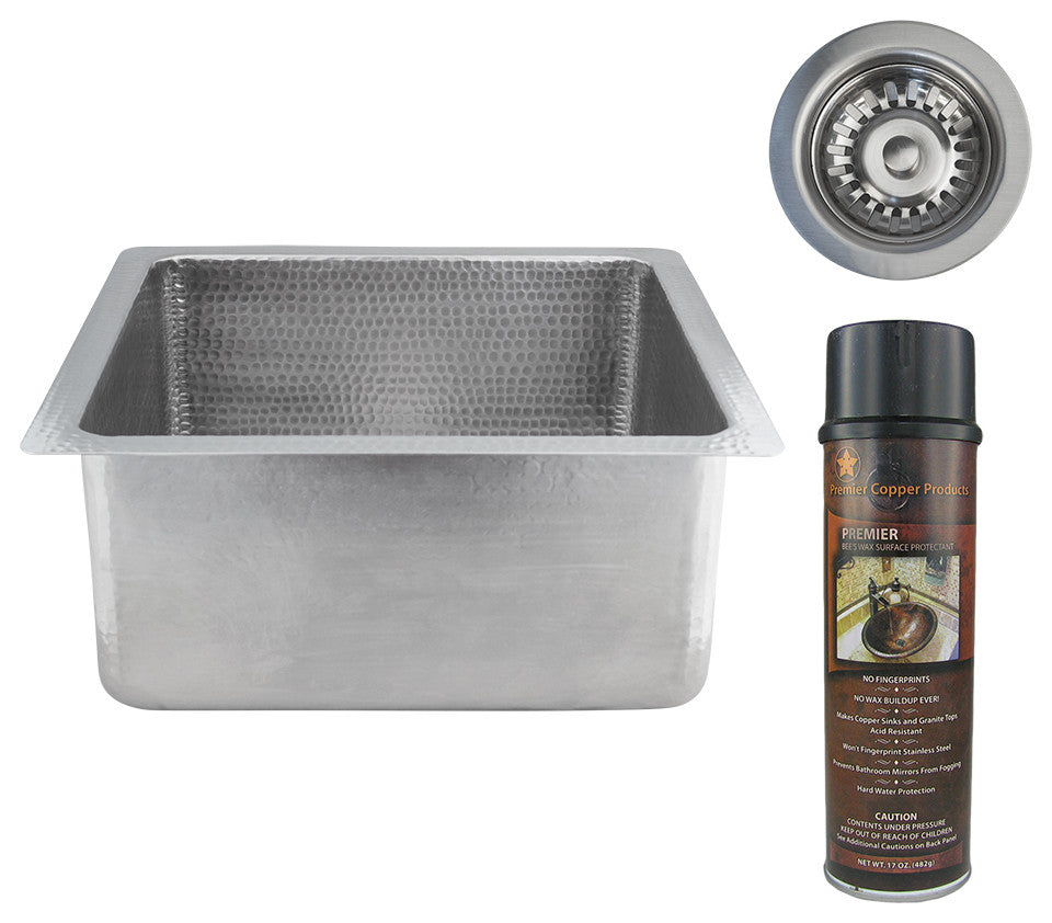 16" Square Hammered Copper Bar/Prep Sink, Nickel, 3.5" Drain Opening