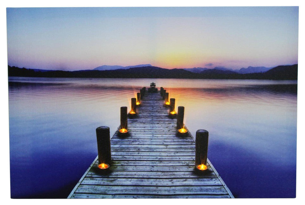 "LED Lighted Sunset Boat Dock Scene" Canvas Wall Art, 15.75"x23.5"