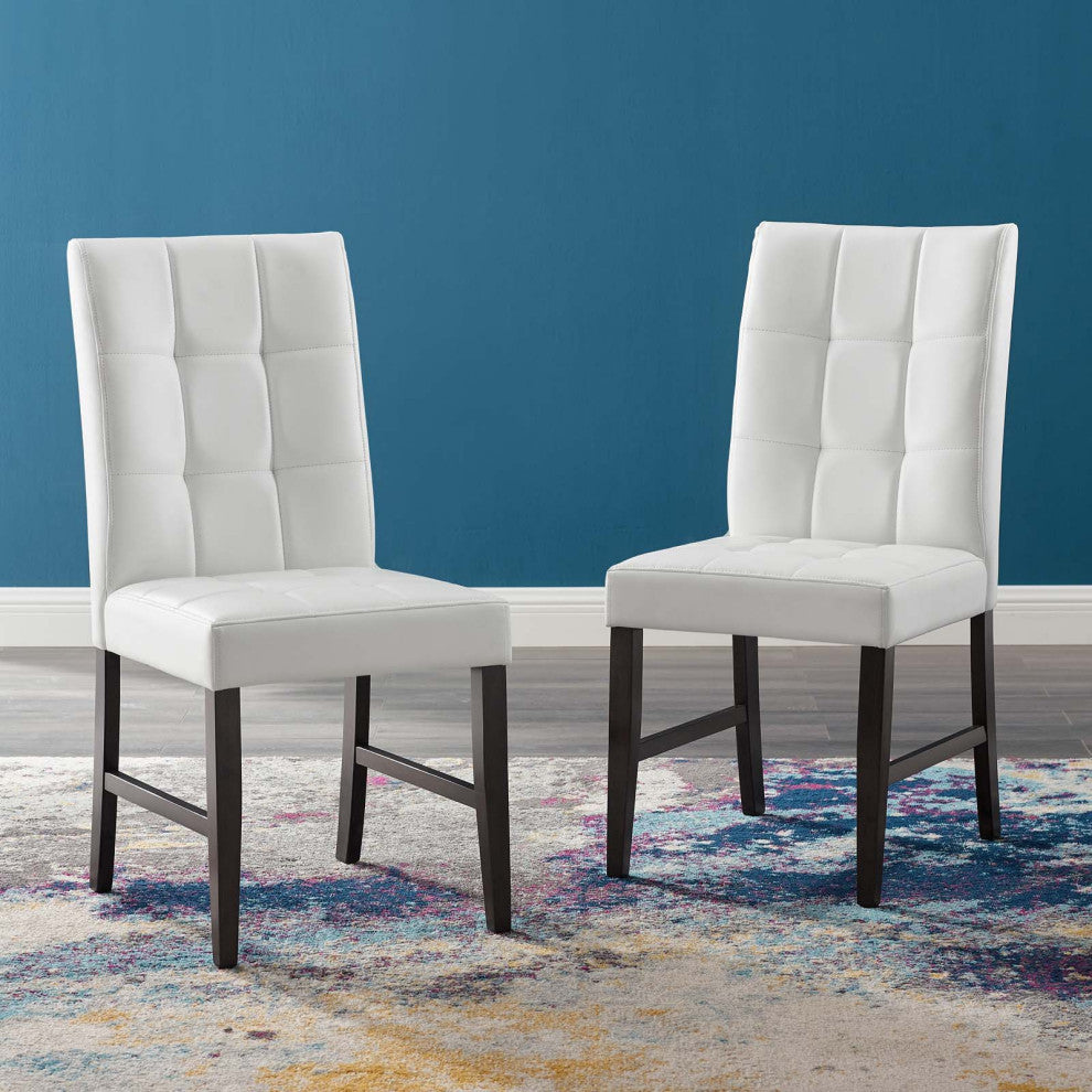 Tufted Side Dining Chair, Set of 2, Faux Leather, Wood, White, Modern, Bistro