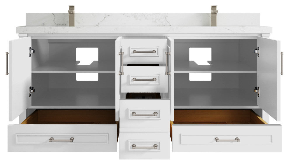 Aberdeen 72 Double Sink Bath Vanity in White 2" Calacatta Nuvo