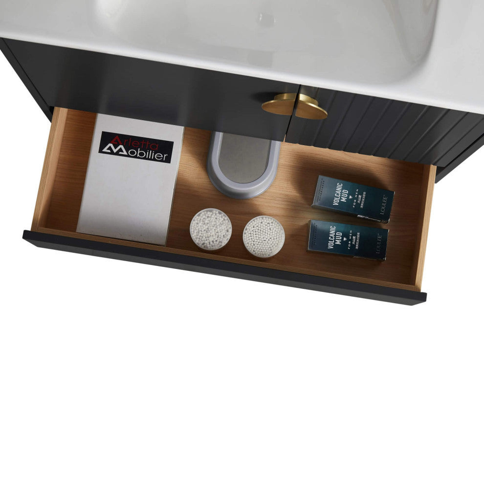 Venezian Single Bathroom Vanity, Black, 30", Satin Brass Handles, One Sink