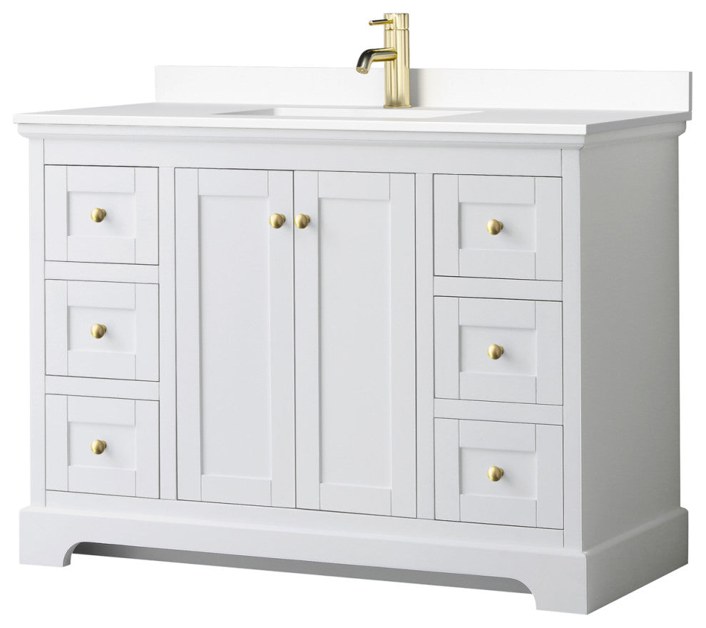 48" Single Bath Vanity, White, White Cult. Marble Countertop, Sink, Gold Trim