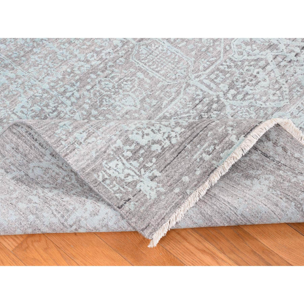 Sea Foam Green Wool and Silk Hand Knotted Broken Persian Design Rug 8'x10'