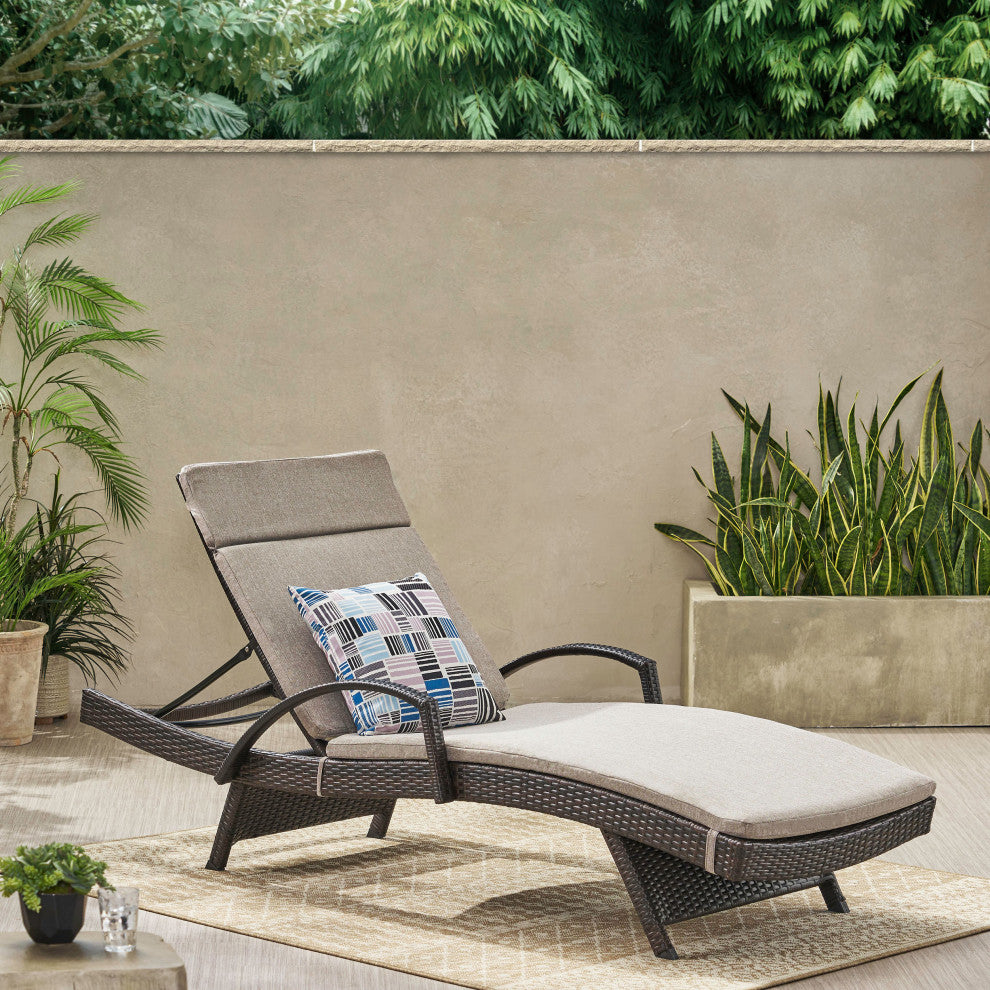 GDF Studio Ann Outdoor Wicker Adjustable Chaise Lounge, Arms With Cushion, Charc